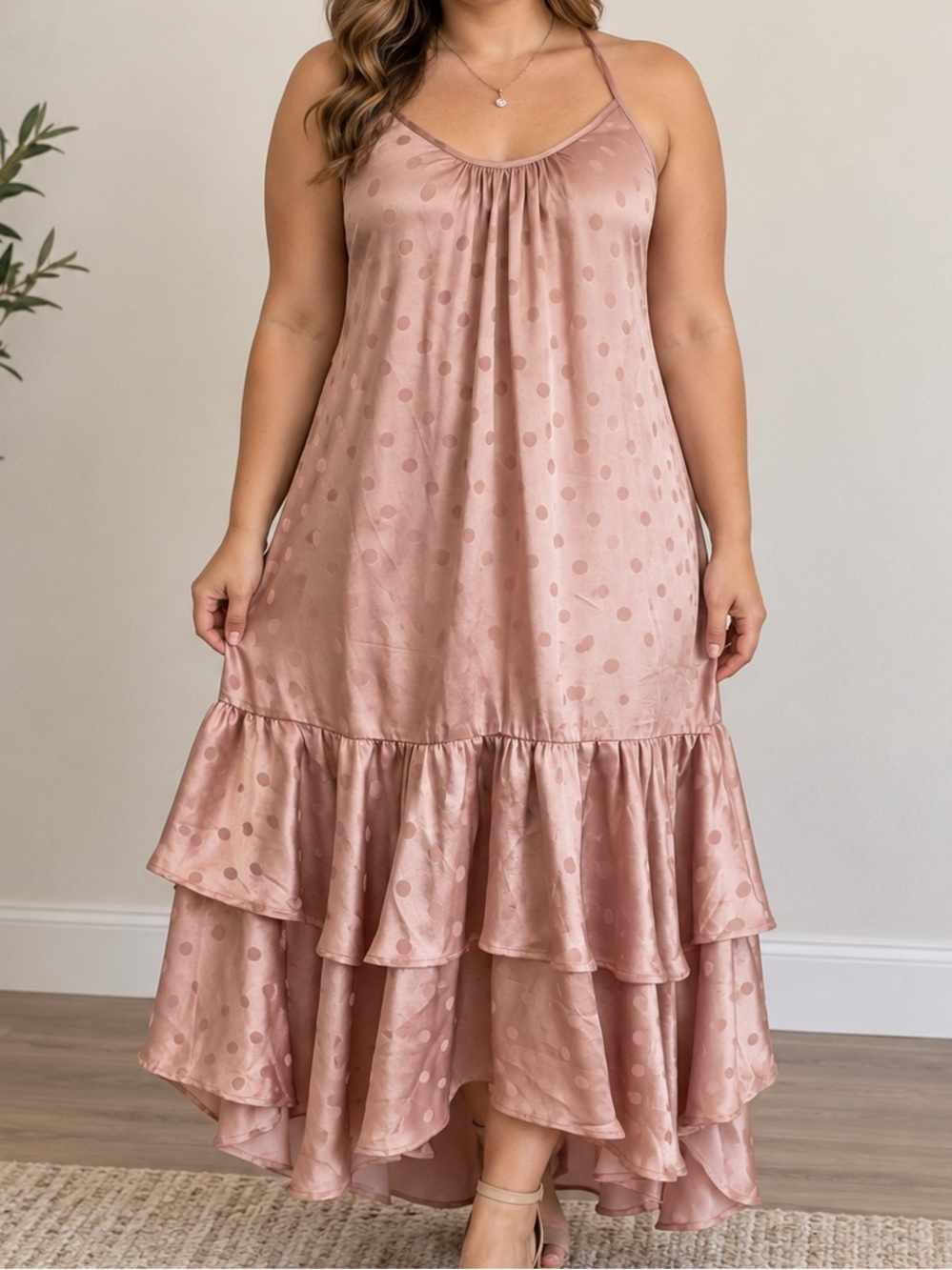 STORIA Blush Pink Satin Polka Dot Ruffle Maxi Dress L
